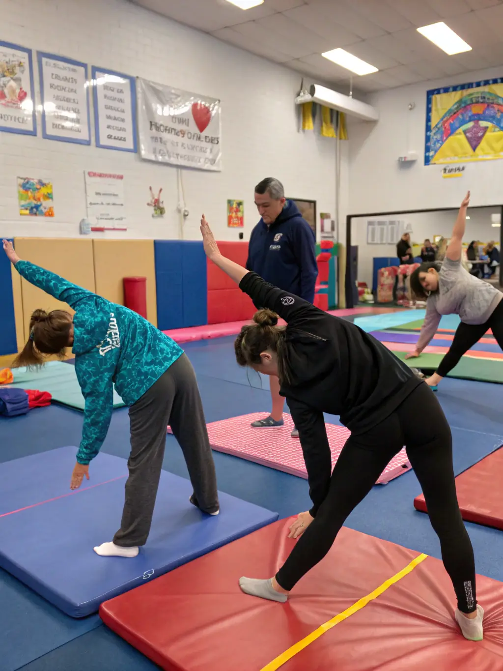 A dynamic photo of adults engaged in a fitness class at the Fréhel community center, emphasizing health and wellness.