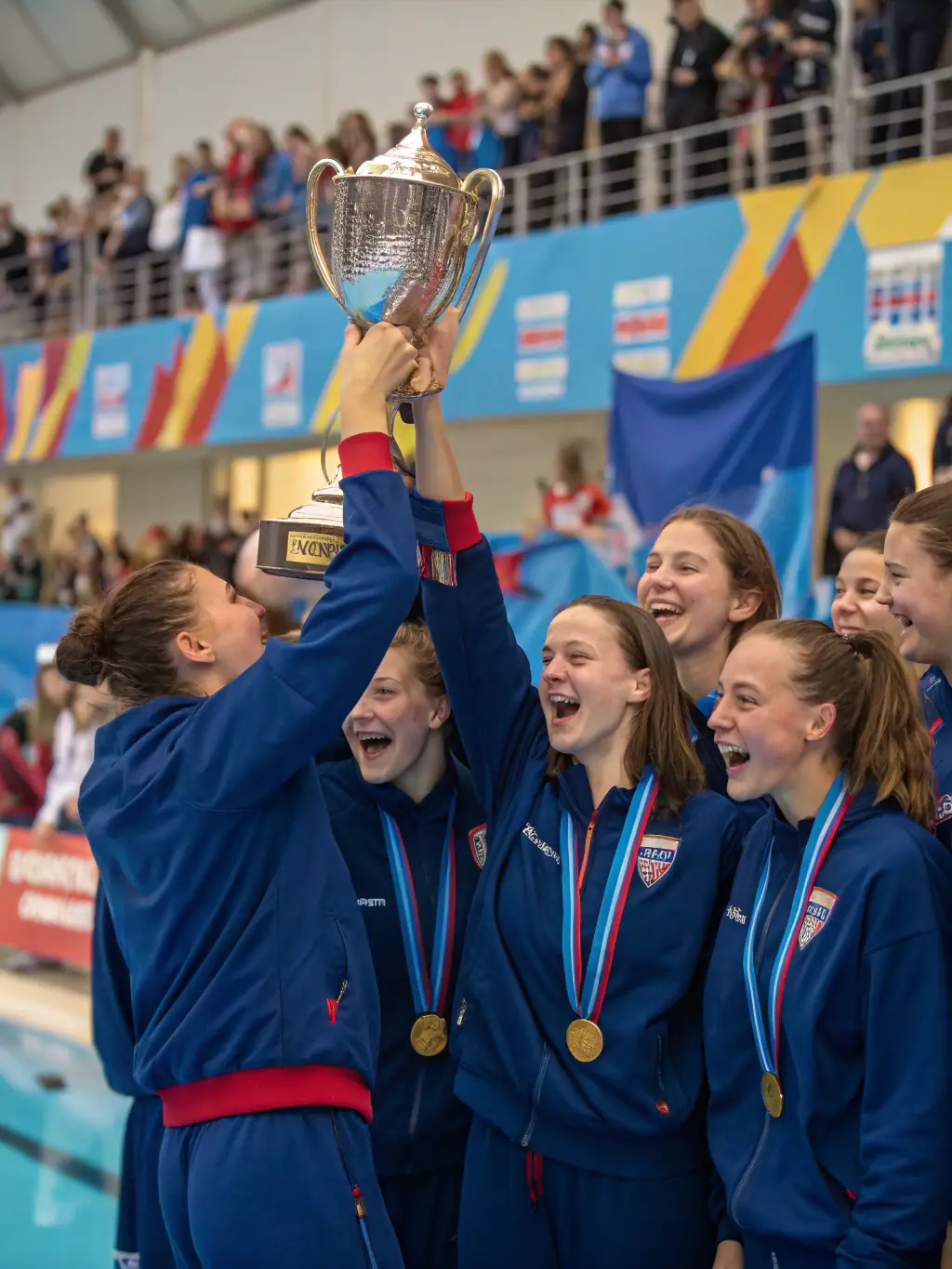 A photograph capturing a team of young athletes celebrating a victory in a local sports competition organized by ASSOC FREHEL MULTI SPORTS, emphasizing teamwork and achievement.