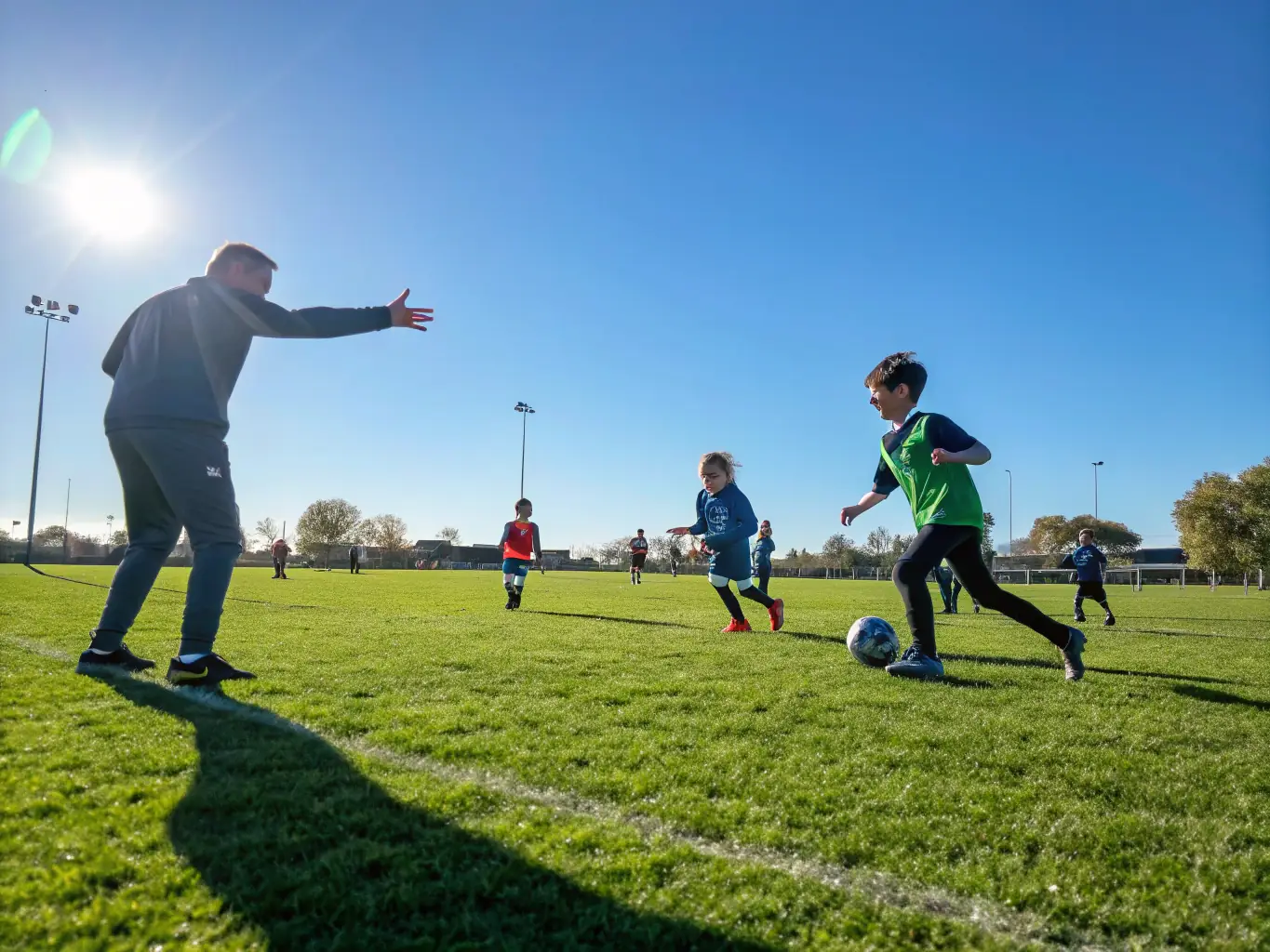 A vibrant image depicting a group of children participating in a soccer game outdoors, showcasing teamwork and physical activity in a sunny, green field, representing the youth sports program offered by ASSOC FREHEL MULTI SPORTS.