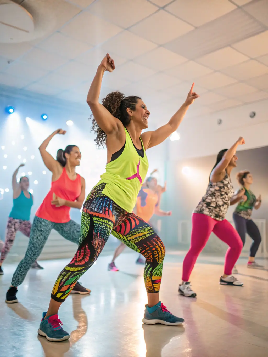 A vibrant image of a diverse group of people participating in a Zumba class at ASSOC FREHEL MULTI SPORTS, showcasing the energy and fun of group fitness.