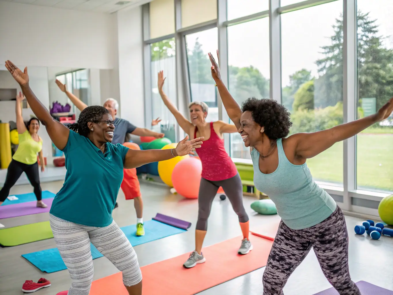 A dynamic image showing adults engaged in a fitness class, with a focus on energy and movement, set in a modern indoor gym, representing the adult fitness programs available at ASSOC FREHEL MULTI SPORTS.