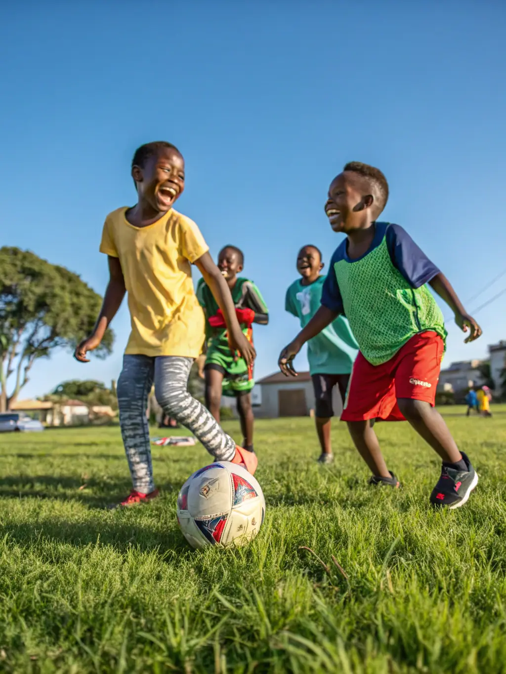 A vibrant image of children participating in a soccer game at a local park in Fréhel, showcasing teamwork and active engagement.